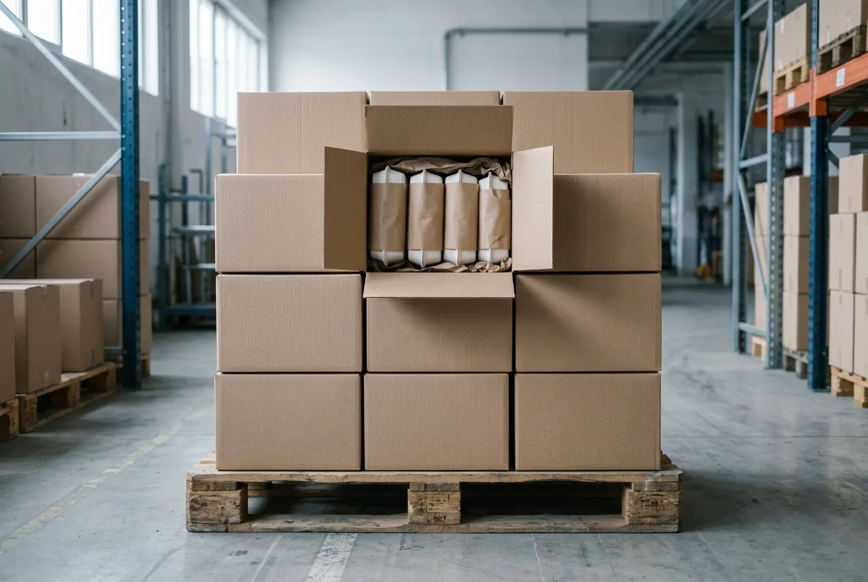 Stacked plain corrugated shipper cartons on a pallet in a warehouse aisle, one open showing paper-wrapped packs
