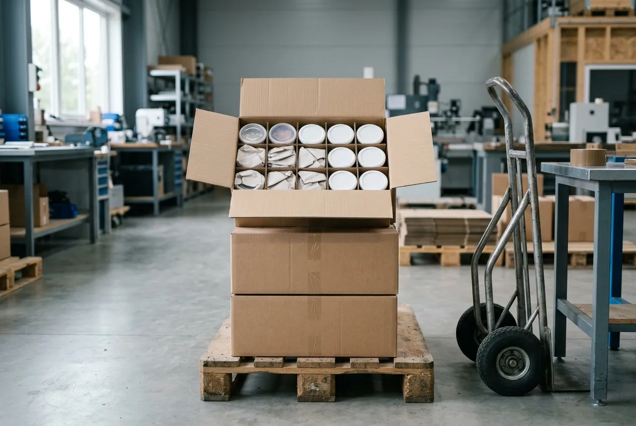 Stacked plain corrugated shipper cartons on a pallet, the top one open showing rows of packed lidded plastic food containers