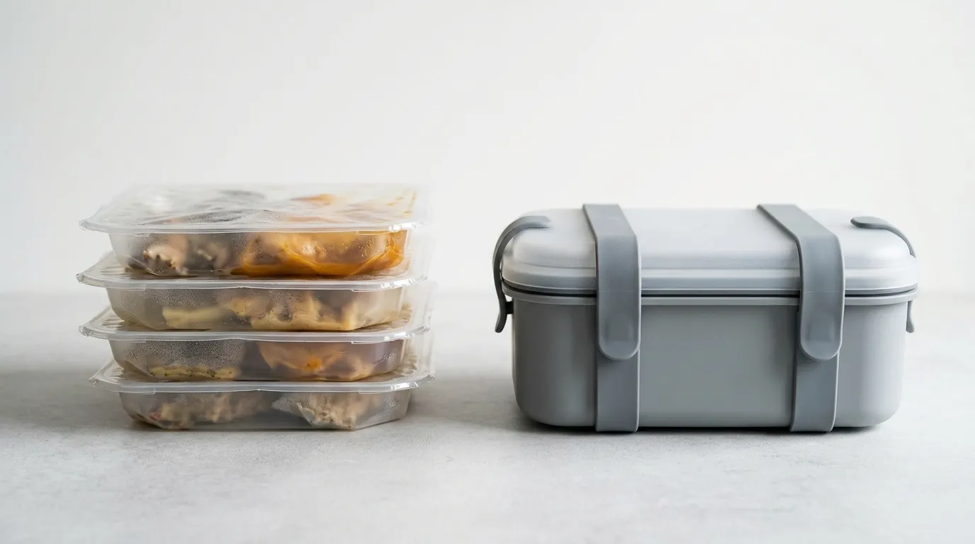 A stack of four thin single-use food trays beside one rigid reusable bento box held shut by two gray silicone latch straps