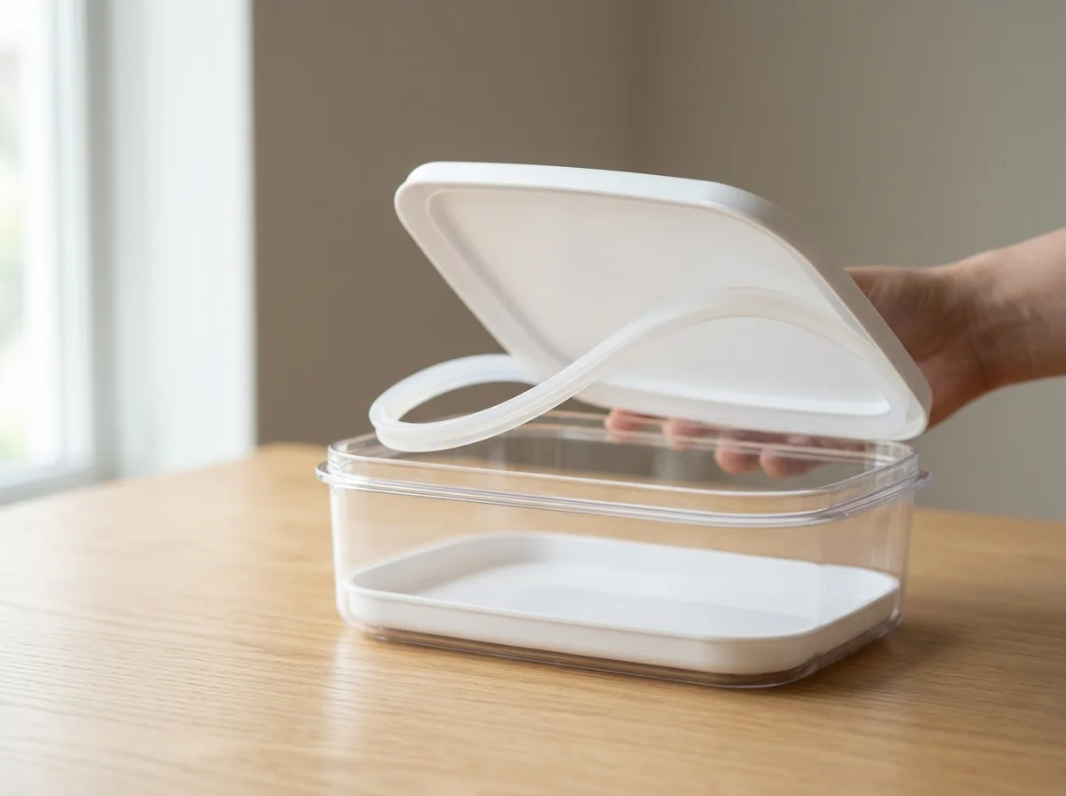 A clear polypropylene container with its lid lifted to show a removable silicone gasket and a separate base insert