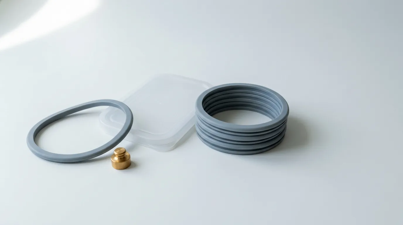 A soft gray silicone gasket ring, a stack of spare gasket rings and a frosted bento lid laid out on a white surface