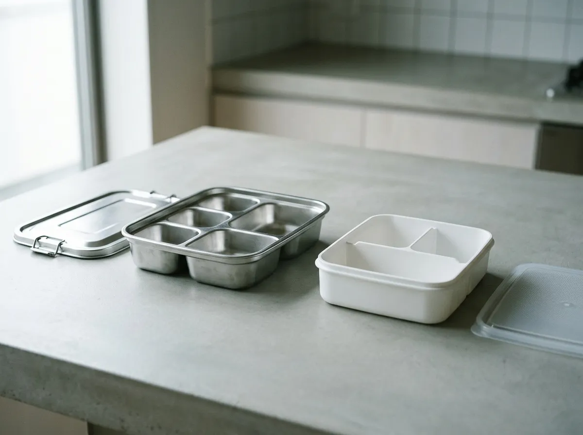 A brushed stainless steel compartment tray with its plain lid and a white three-compartment polypropylene lunch box side by side on a concrete worktop