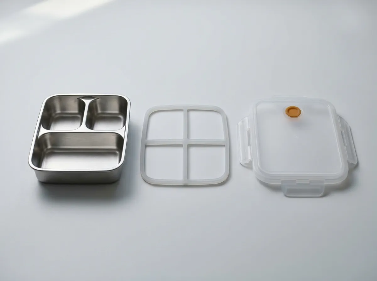 A stainless steel compartment tray, a translucent silicone gasket frame and a frosted polypropylene lid with its latches, in a row on a pale gray surface