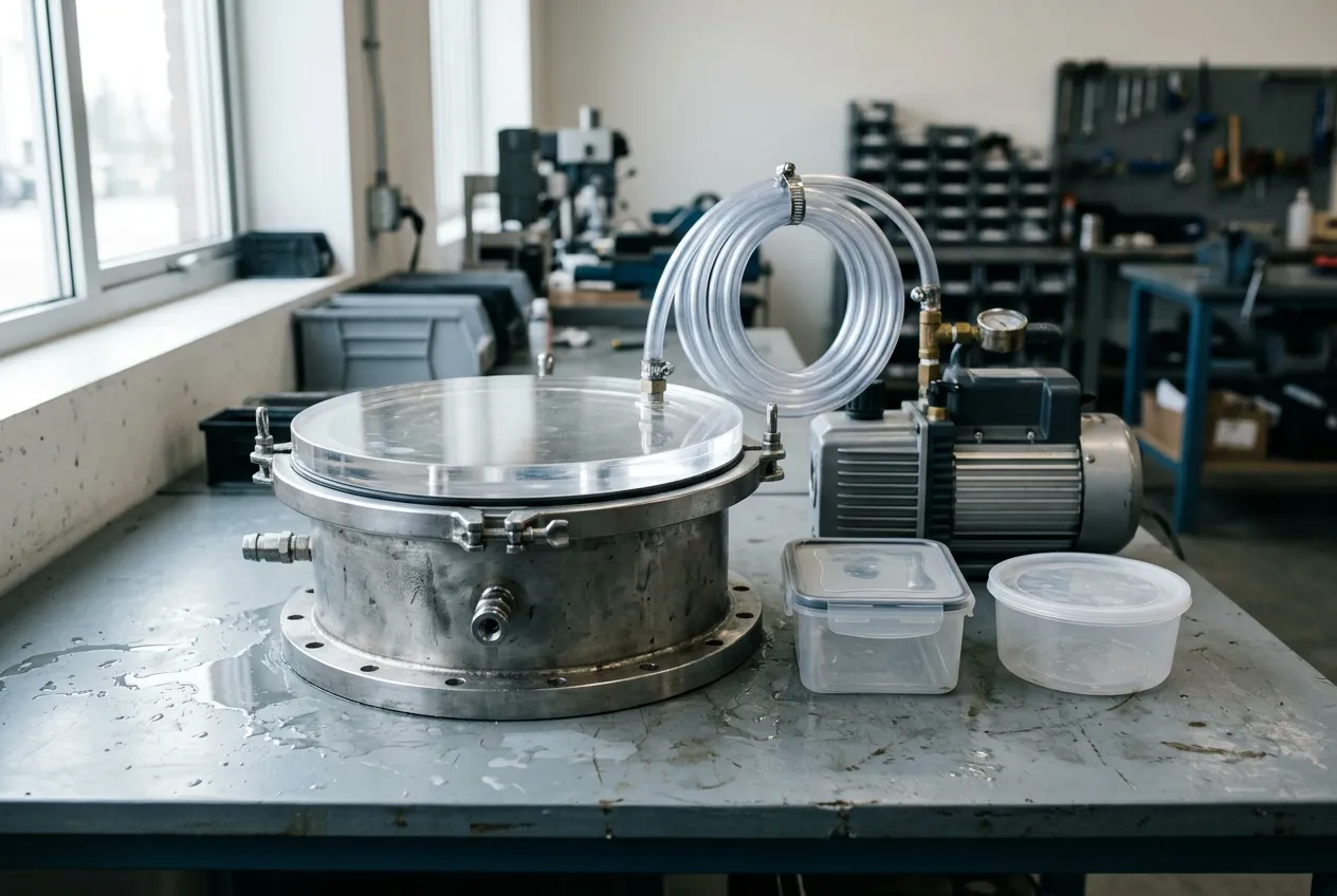 A stainless steel vacuum chamber with a clear lid and two lidded plastic food containers on a factory test bench, with a vacuum pump and tubing
