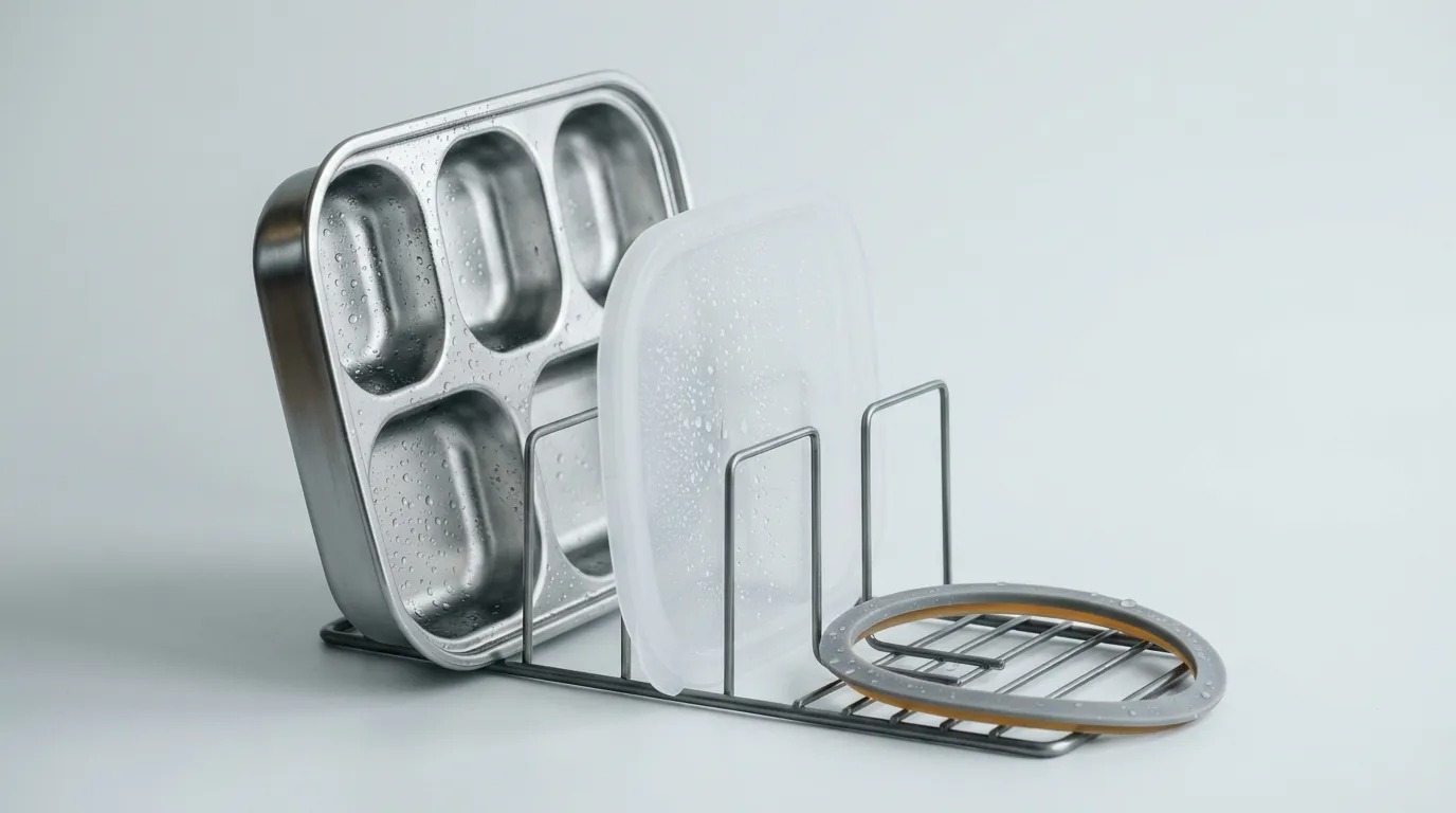 A five-compartment stainless steel bento tray and its frosted lid standing in a wire drying rack with water droplets on both