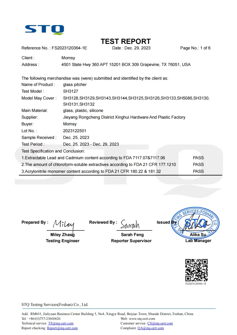 FDA Certificate-for glass pitcher -3127